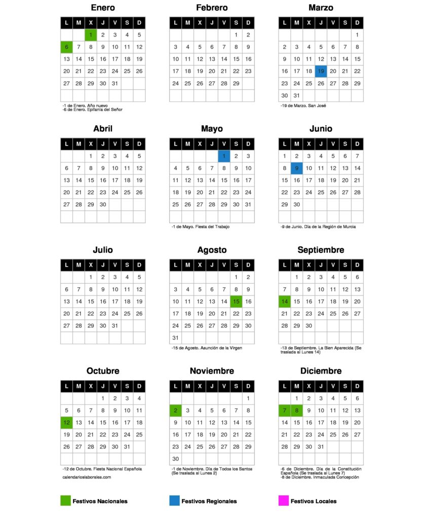 Calendario Laboral Murcia 2020.